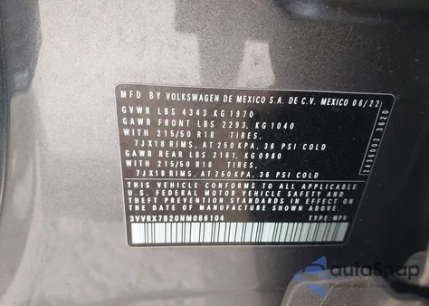 2022 Volkswagen Taos 1.5T Se from USA, damaged, VIN 3VVRX7B20NM086104